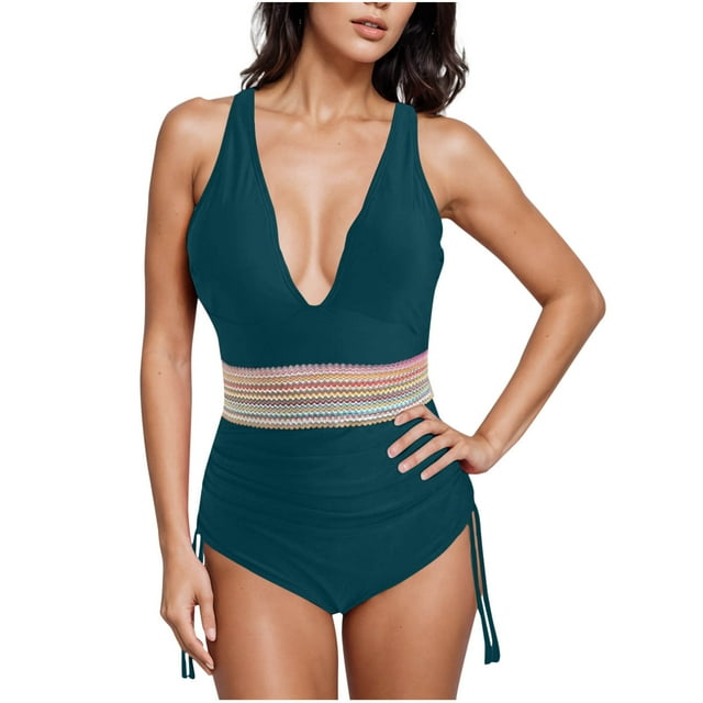 ylioge Tankini Swimsuits for Women One-Piece Sleeveless Deep V Neck Bathing Suits Ladies Trendy Color-Block Drawstring Side Swimwear Sets