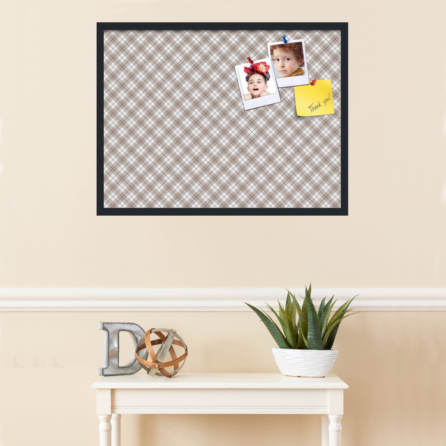 PinPix ArtToFrames 30x22 Custom Cork Bulletin Board Argyle Beige   Poster Board Has a Fabric Style Canvas Finish, Framed in Satin Black (PinPix-637)