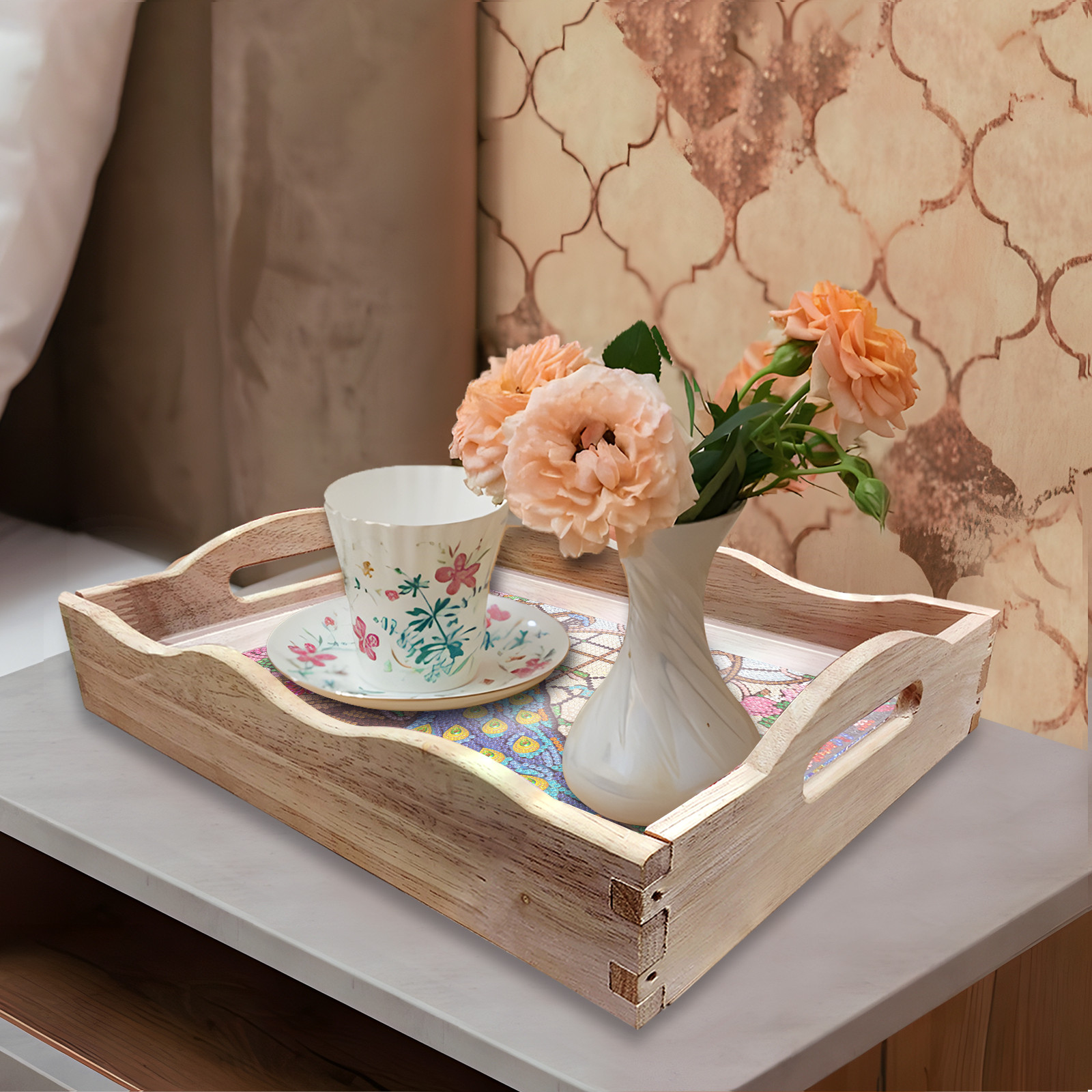 FLOPESN DIY Diamond Art Painting Tray,Handmade Wooden Tray Mosaic by Number Kits Diamond Art for Coffee Living Room Home Organizer-Peafowl