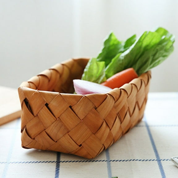 Wooden Basket Wood Slices Woven Storage Basket Snacks Fruits Food Basket Desktop Storage Box Sundries Organizing Basket Hand Woven Basket