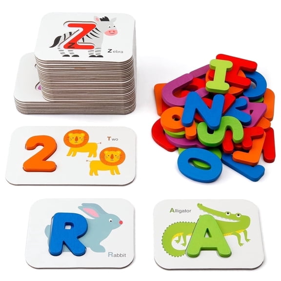 Coogam Numbers and Alphabets FlashCards Set ABC Wooden Letters and Numbers Animal Card Matching Puzzle Game Educational Toys for 3 Years Old
