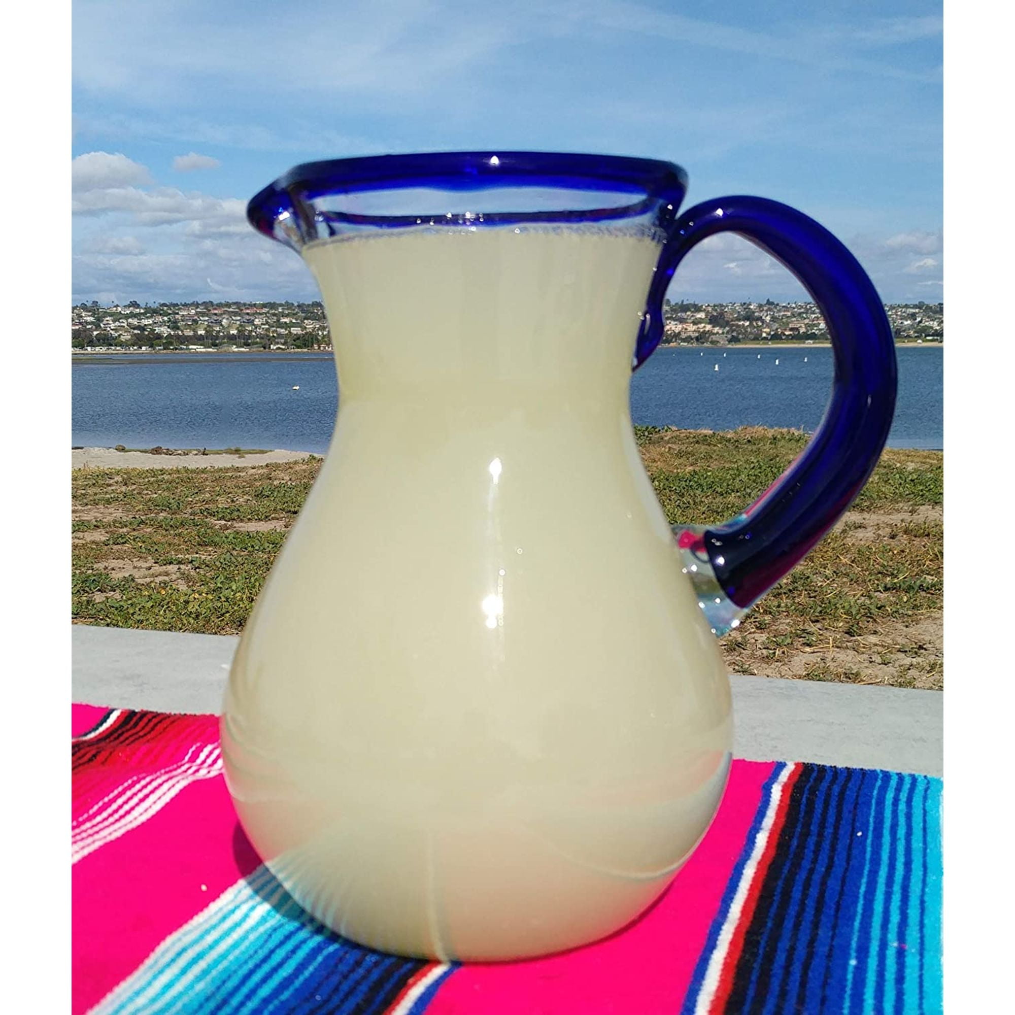 Dos Sueños Dos Suenos Mexican Hand Blown Glass Pitcher - Cobalt Blue Rim and Handle (84 oz)