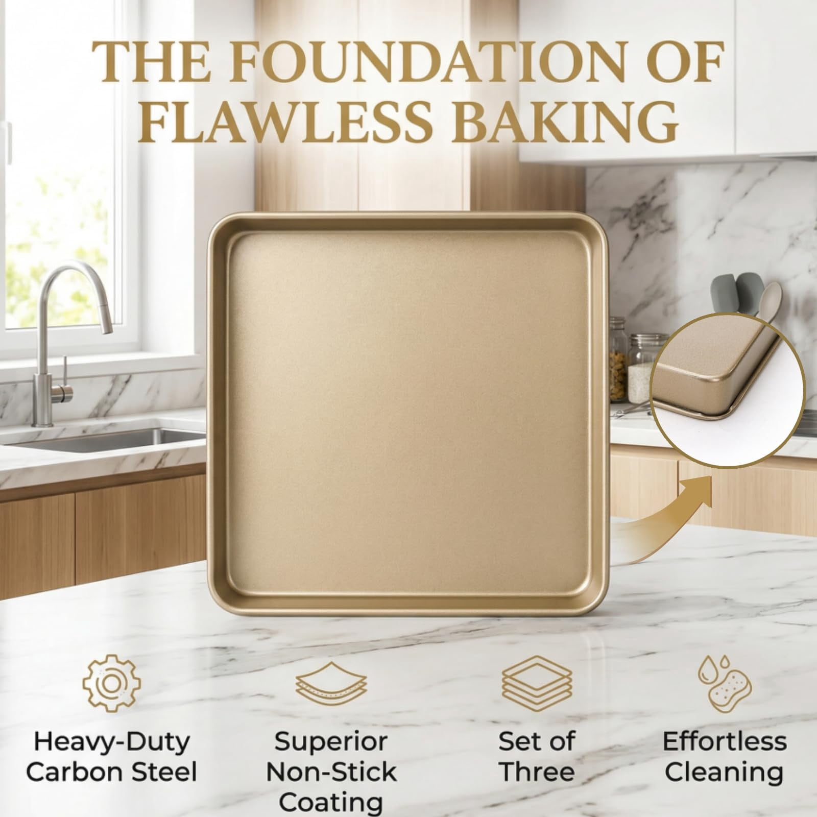 Baking Sheet Pans 3 Pack Square Nonstick Heavy Duty for Toaster Oven Baking