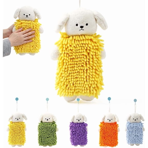 Dog Shaped Hand Towel, 12.5x7.8 Inch Soft Puppy Shaped Hand Towel for Hanging Kitchen & Bathroom, Cute Hanging Microfiber Chenille Dog Towel for Hand Drying (1 Piece, Yellow)