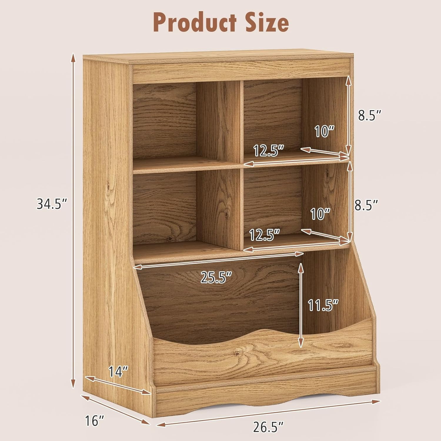 LINJH Storage Cabinet, Small Bookshelf, Short Bookcase with 4 Open Cube & Bottom Compartment, Anti-Tipping Device, Foot Pads, Cubby Storage Organizer for Study, Living Room-Natural