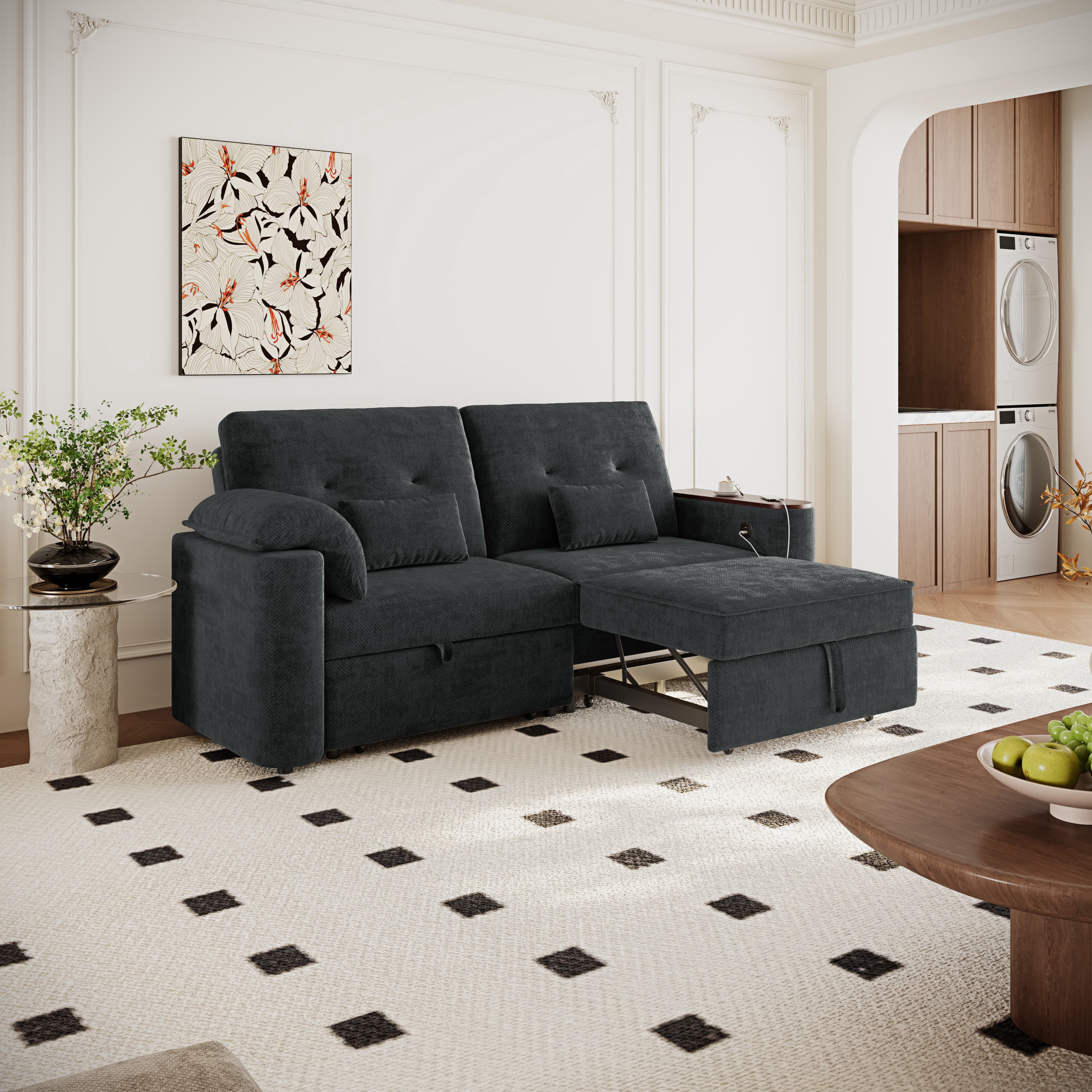 Aukfa 82" 3-in-1 Convertible Sleeper Sofa, Modern Chenille Queen Pull-Out Sofa Bed with USB/Type-C Ports & Rotating Side Table for Living Room & Apartment,Black