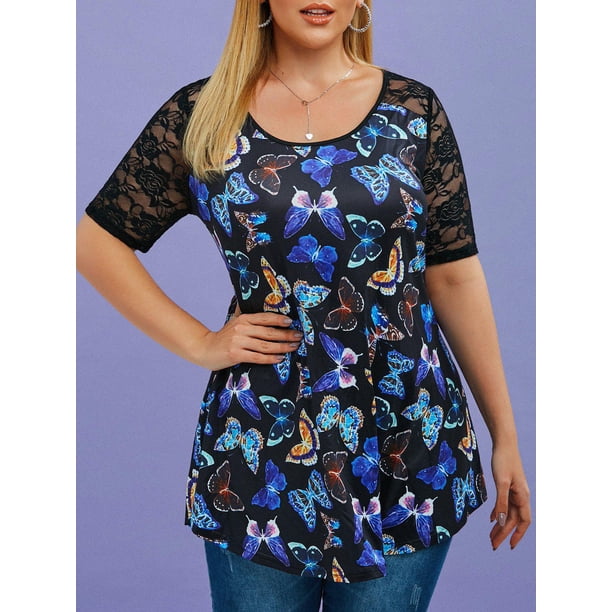 Tallas grandes Flower Flower Insertar mariposa Imprimir camiseta Rosegal Camisetas tallas grandes