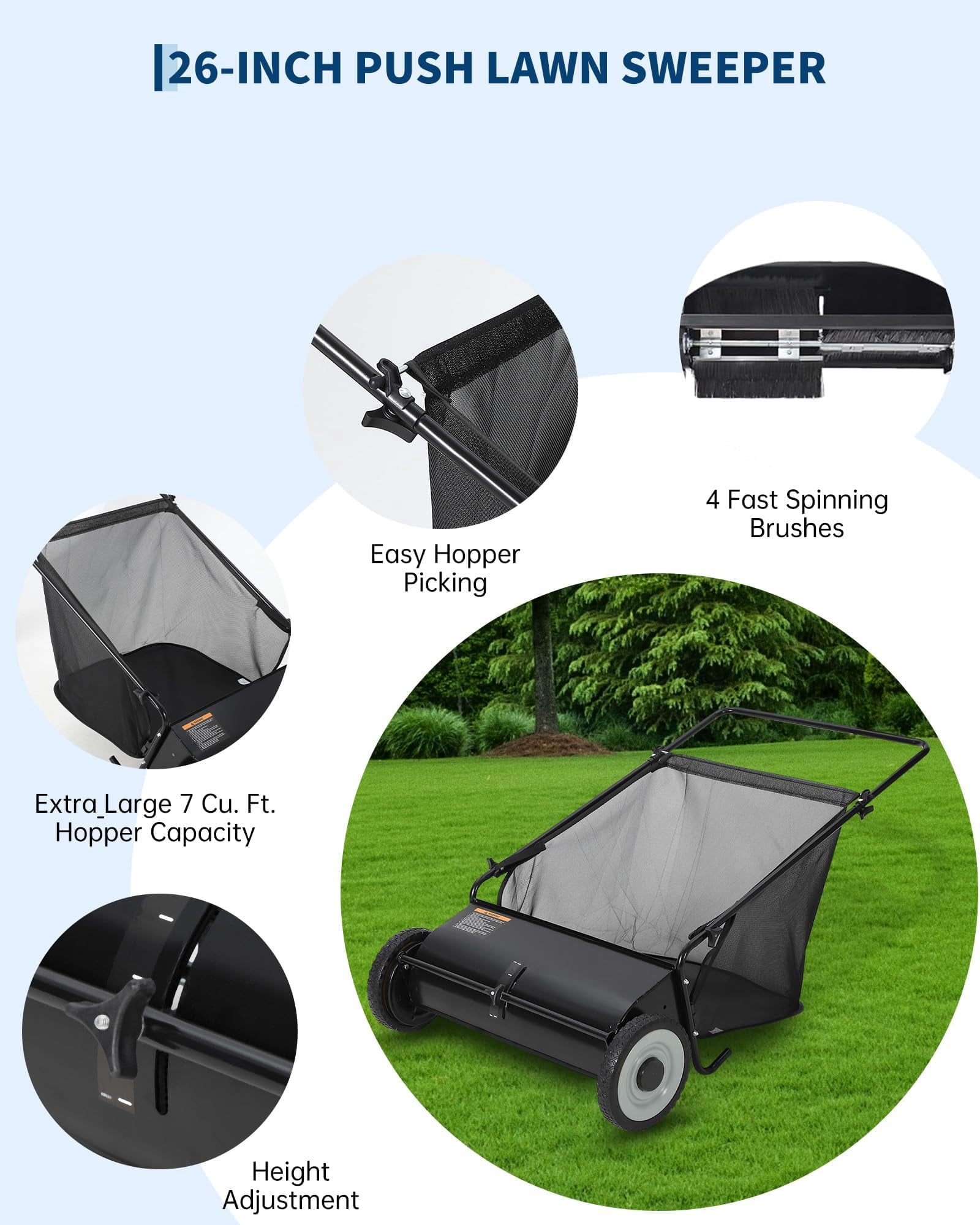 Accreate Efficient Yard Cleanup Push Lawn Sweeper – Large Capacity Bag, 4-Spinning Brush System, Adjustable Height, Heavy-Duty Steel Frame, Ideal for Lawn, Garden, Grass