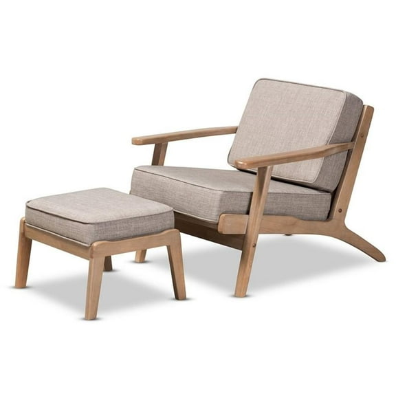 Bowery Hill Light Grey Upholstered Oak Wood Armchair and Ottoman Set