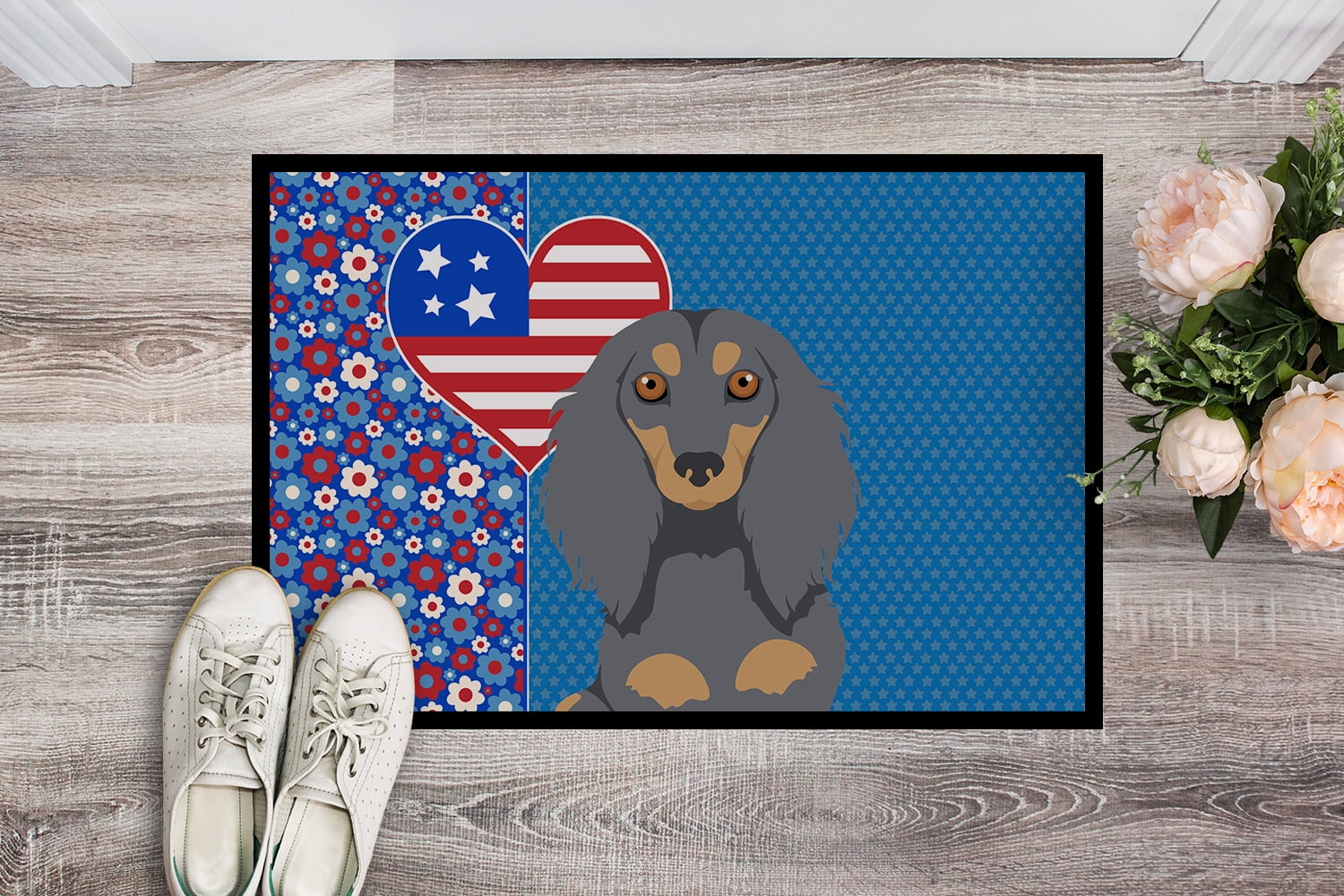Longhair Blue and Tan Dachshund Indoor or Outdoor Mat 24x36 36 in x 24 in
