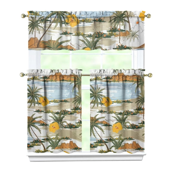 Hawaiian Beach Landscape Kitchen Curtains Set, Rod Pocket Light Filtering Curtains, Aloha Inspired Kitchen Window Curtains