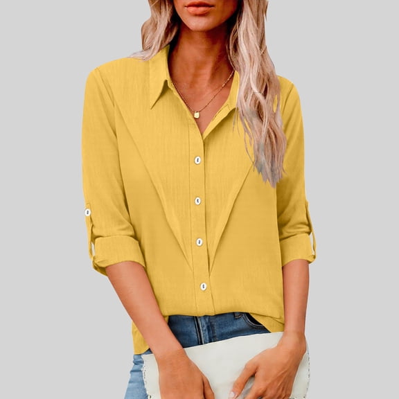 asjyhkr Shirts for Women Plus Size Button Down 3/4 Sleeve Collared Tops Summer Breathable Comfortable Lapels S-5XL