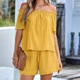 thumbnail image 4 of REORIAFEE Two Piece Outfits for Women Clubwear Cute Outfits Fashion Women's Casual Loose Short Sleeve Tops Shorts Blouse Off Shoulder Yellow XL, 4 of 9