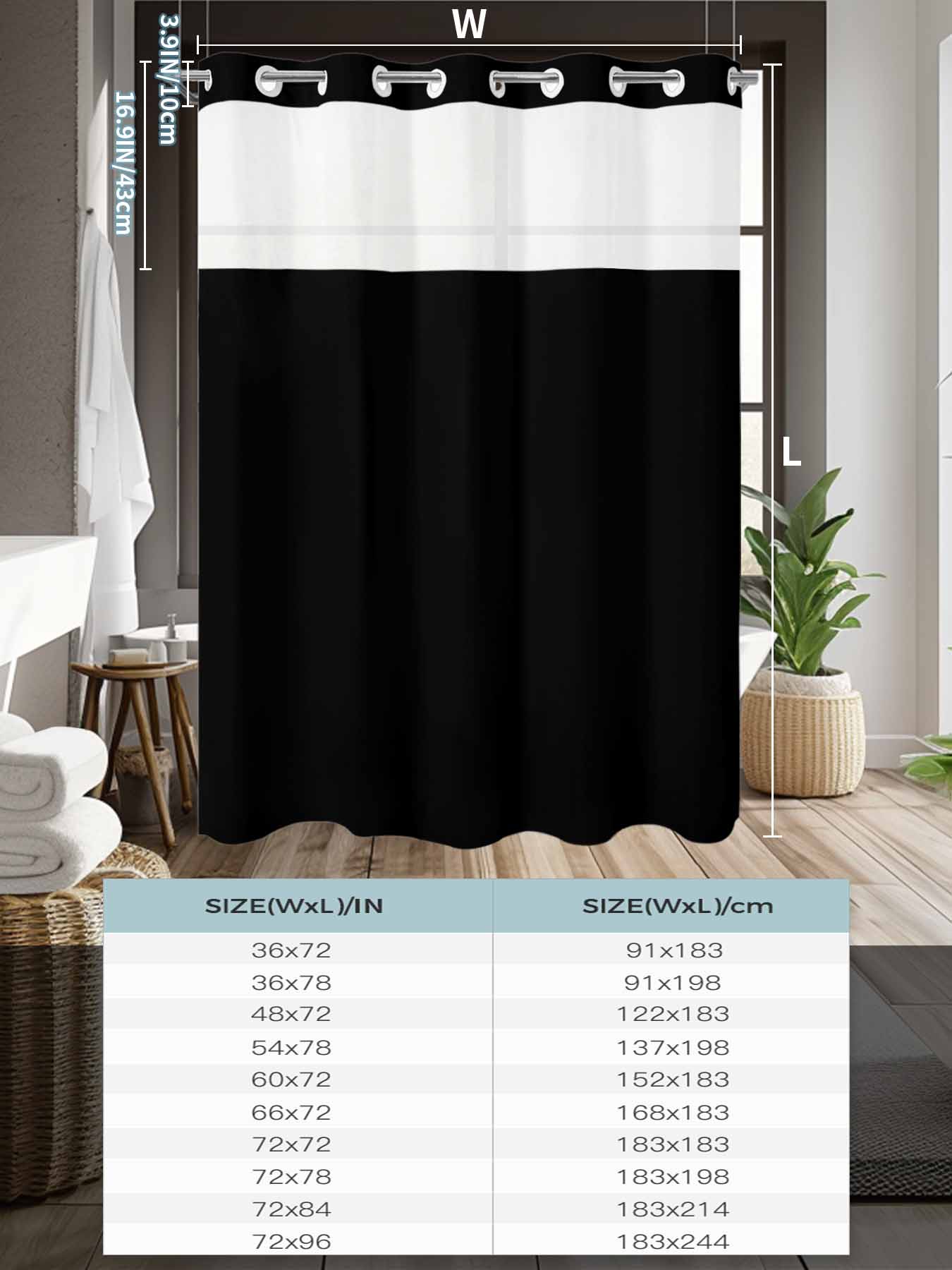 No Hook Shower Curtains with Detachable Snap-in Liner Set, Pure Black Waterproof Hotel Style Bathroom Shower Curtain, Simple Solid Color Breathable Mesh Top Window Bath Curtains 60''x72''