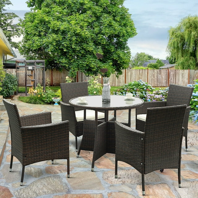 Gymax Meubles 5 Pièces Set à Manger en Osier Coussiné Patio de Jardin Extérieur