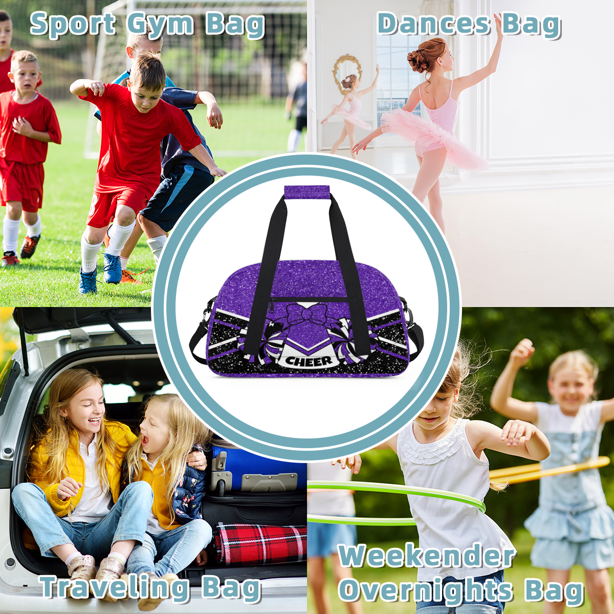 Herdesigns Cheerleading Bags Overnight Duffel Bags Cheer Purple Sport Gym Bag Travel Bag Travel Waterproof Weekender Bag Carry On Travel Tote Bag Dance Bags