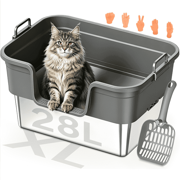 XL Stainless Steel Cat Litter Box, Open Top High Sided Metal Litter Pan with Easy Clean Design and Scoop, Light Gray