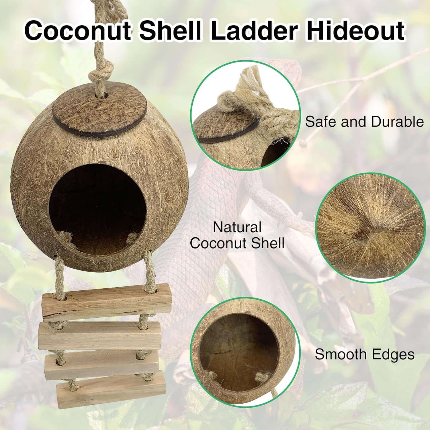 Leopard Gecko Tank Accessories, Reptile Vines Plants with Coconut Shell Ladder Hideout Hut Decor for Bearded Dragon Lizard Chameleon Tortoise Snake