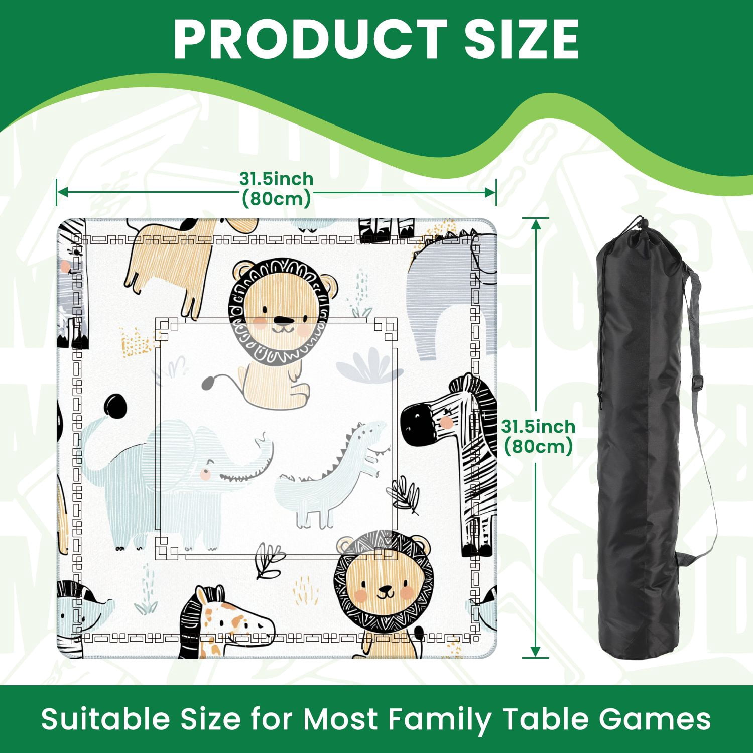 Mahjong Mat 31.5" x 31.5" Lion giraffe elephant crocodile zebra snake seamless Non-Slip Noise Reduction American Mahjong Tiles Table Cover for Dominoes Poker Card Board Games Gift