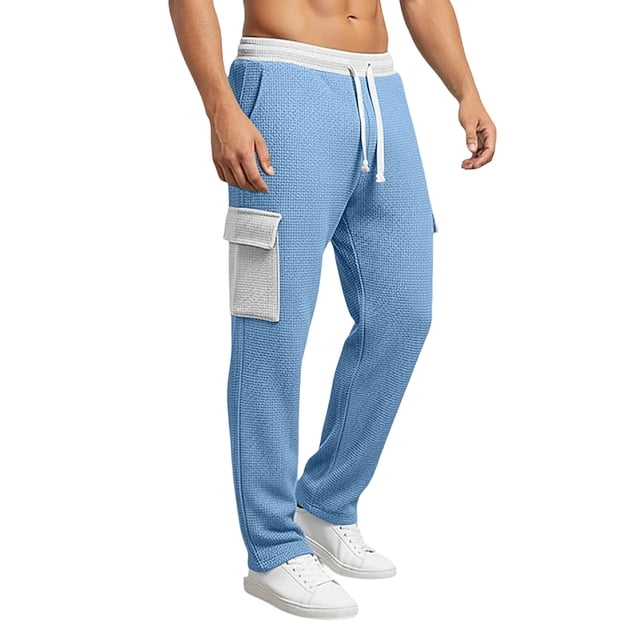 Ceisia Men's Casual Waffle Knit Drawstring Cargo Pants with Contrast Pockets Blue XXXL Gifts