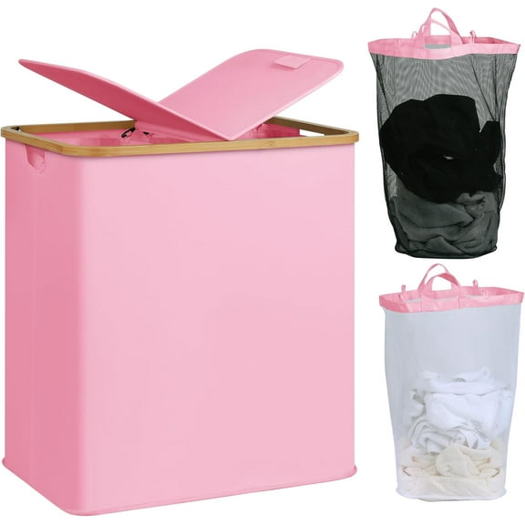 Laundry Hamper with Lid, Double Laundry Hamper with 2 Removable Bags, 2 Section Laundry Basket with Bamboo Handles for Bathroom, Bedroom & Laundry Room (Pink, 140L Dual)