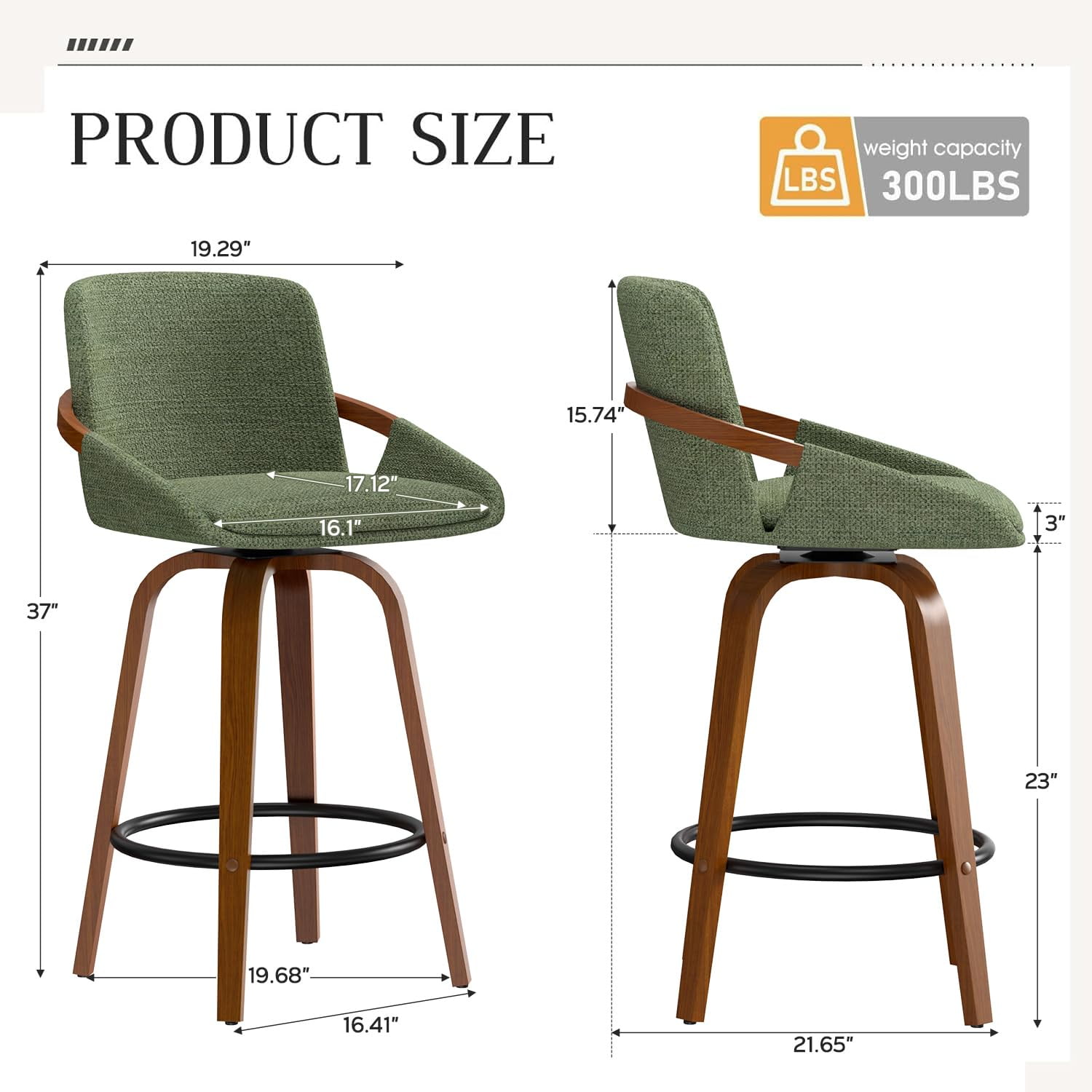 JULY'S SONG 26" Swivel Counter Height Bar Stools with Back Sets of 2, Mid Century Barstools with Wooden Legs, Green