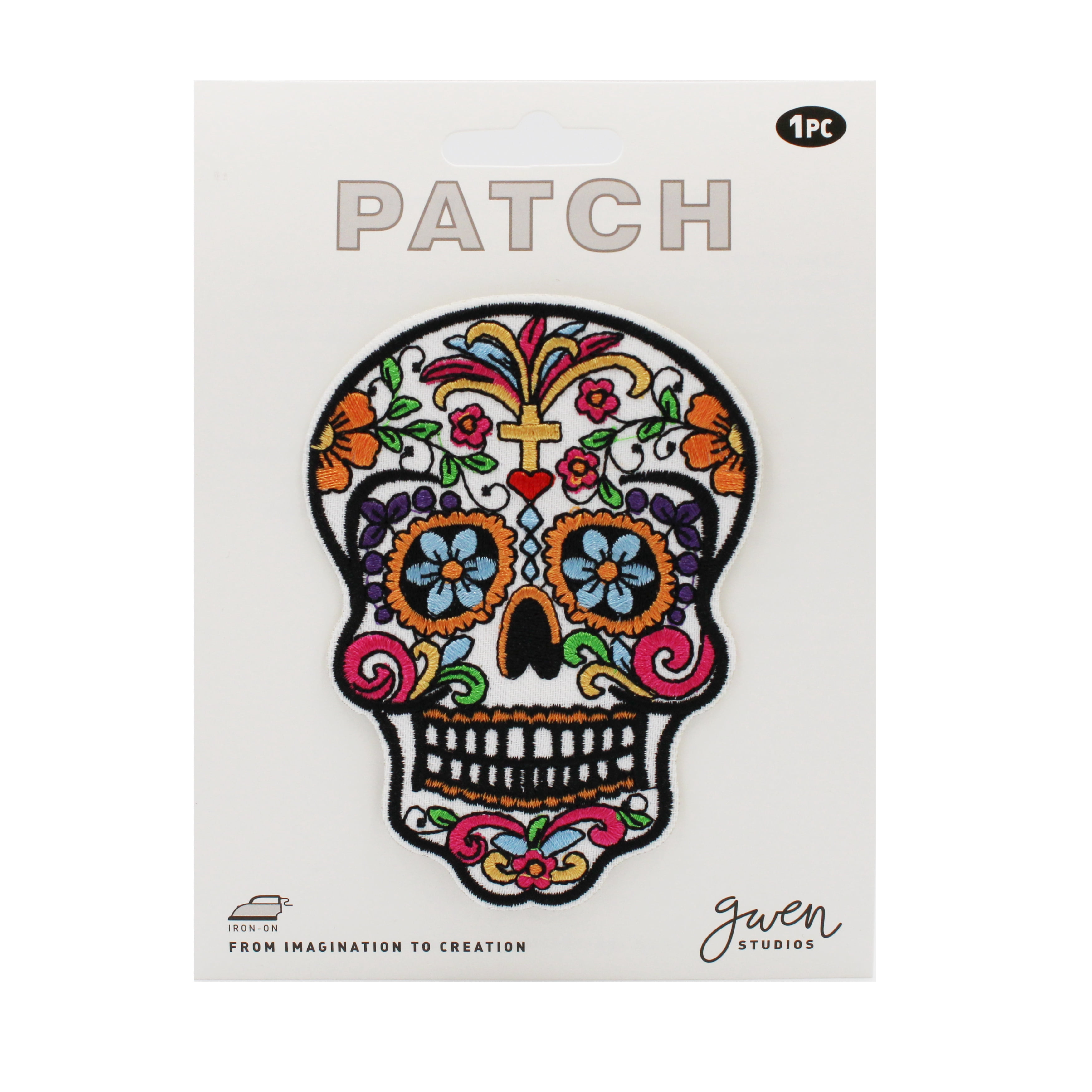 (3 pack) Gwen Studios Embroidered Multicolor Sugar Skull Iron-on Patch Applique, 2.9" x 3.9"
