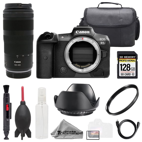 Canon EOS R5 Camera   RF 100-400mm f/5.6-8 IS USM Lens  128GB  Bag  UV Filter- Basic Kit (International Version)