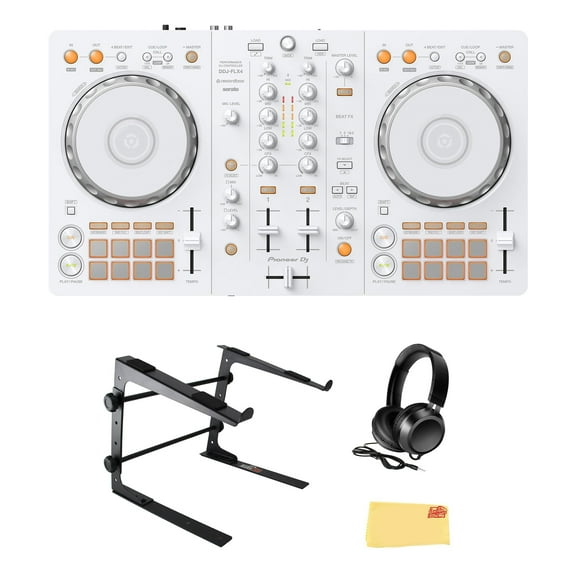 Pioneer DJ DDJ-FLX4 2-Channel DJ Controller - White Bundle with Laptop Stand, Headphones, and Austin Bazaar Polishing Cloth