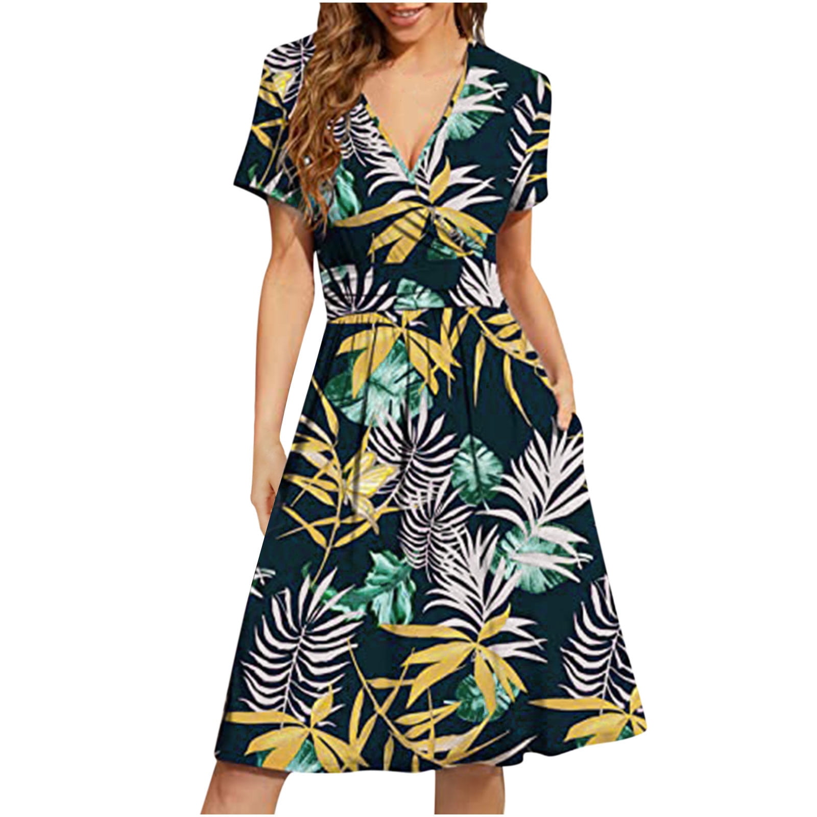 Juebong Women S Summer Short Sleeve Casual Dresses V Neck Solid Color Party Dress With Pockets Walmart Com