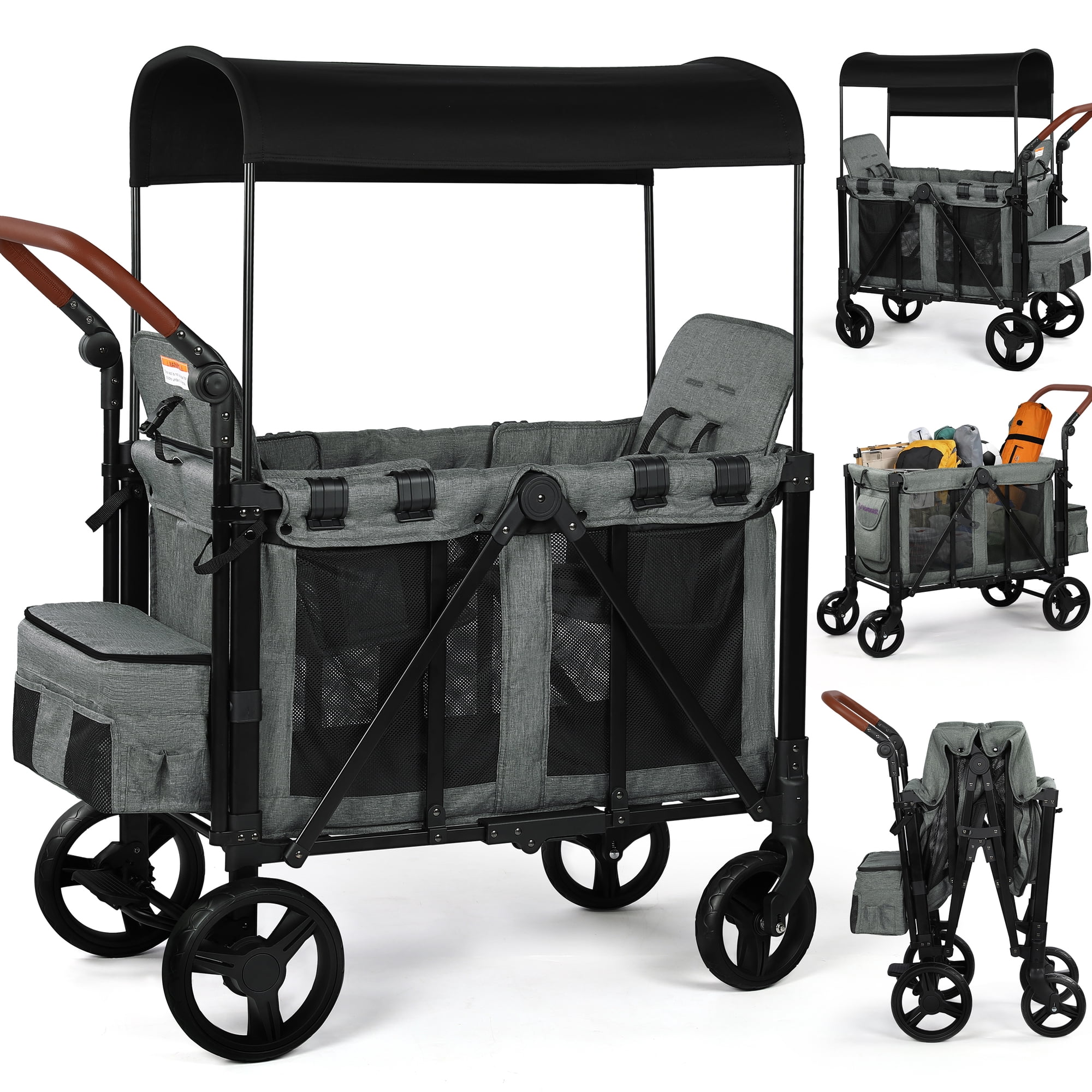 Vomeast Wagon Stroller for 2 Kids, 3-in-1 Outdoor Baby Stroller Wagon with Canopy, 5-Point Harness, Adjustable Handlebars, Removable Seat for Toddlers, Grey
