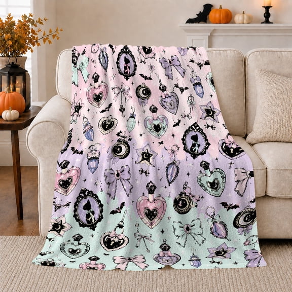 Pink Mint And Lavender Charm, Gothic Pastel Illustration Style for Cat Lovers And Gothic Decor Fans, Housewarming Gift with Cozy Flannel Blanket, Home Decor for Bedroom And Living Room And