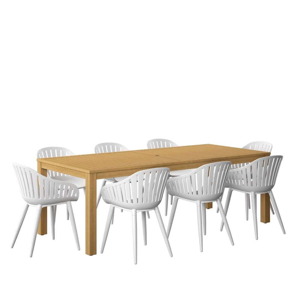 Amazonia Paraty 9-Piece Patio Dining Table Set, Teak Finish & Aluminum, Ideal for Outdoors and Indoors, White