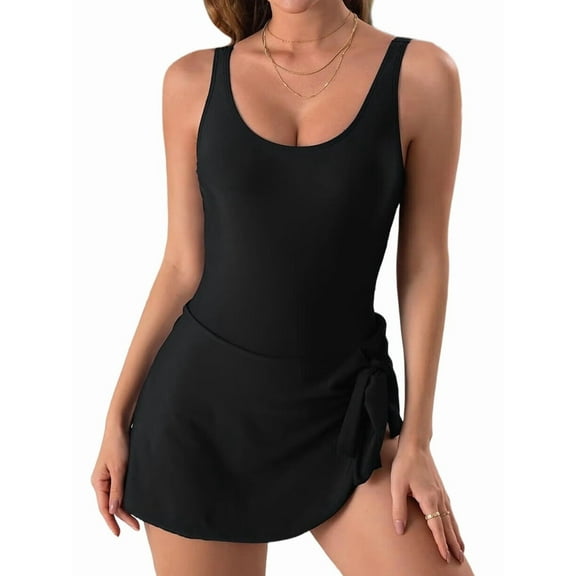 One-Piece Swimdress Swimsuits for Women Tummy Control Swim Dresses Skirt Bathing Suit Black L