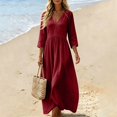 thumbnail image 4 of Womens 3/4 Sleeve Tunic Dress, Casual Loose Fit Pleated Long Gown, Elegant A-Line Work Office Beach Vacation Swing Dress, S-2XL, 4 of 5