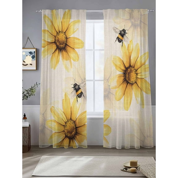 Summer Sunflower Sheer Curtains for Living Room Bedroom Bee Beige Vintage Pastoral Plants Sheer Curtains 84 Inch Long 2 Panels Set Light Filtering Curtain Window Treatments Drapes for Dining Room