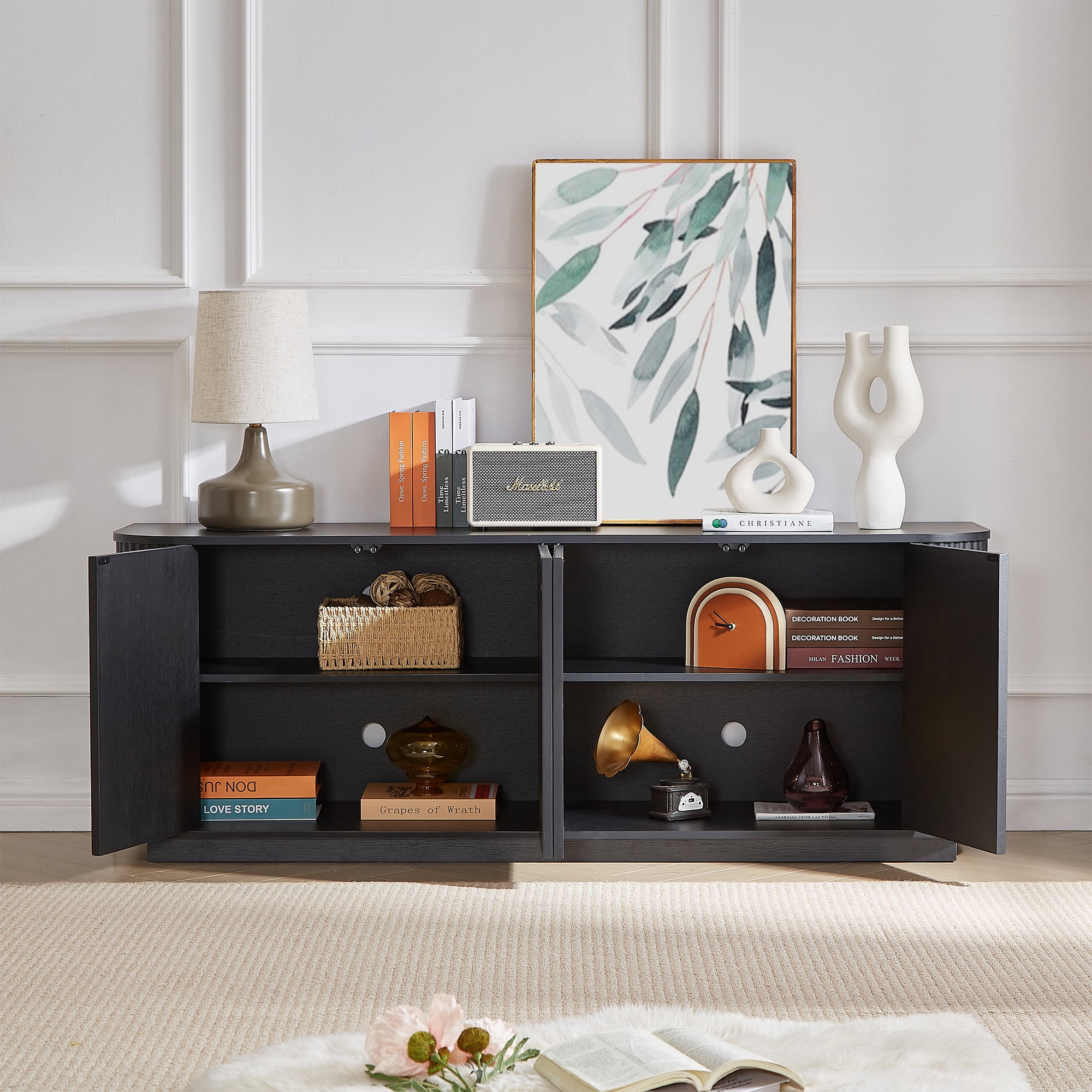 TrumanPick 64"Buffet Cabinet, Wooden Fluted Storage Cabinet Sideboard with Adjustable Shelves for Kitchen&Living Room, 64''W x 15''D x 24''H, Black