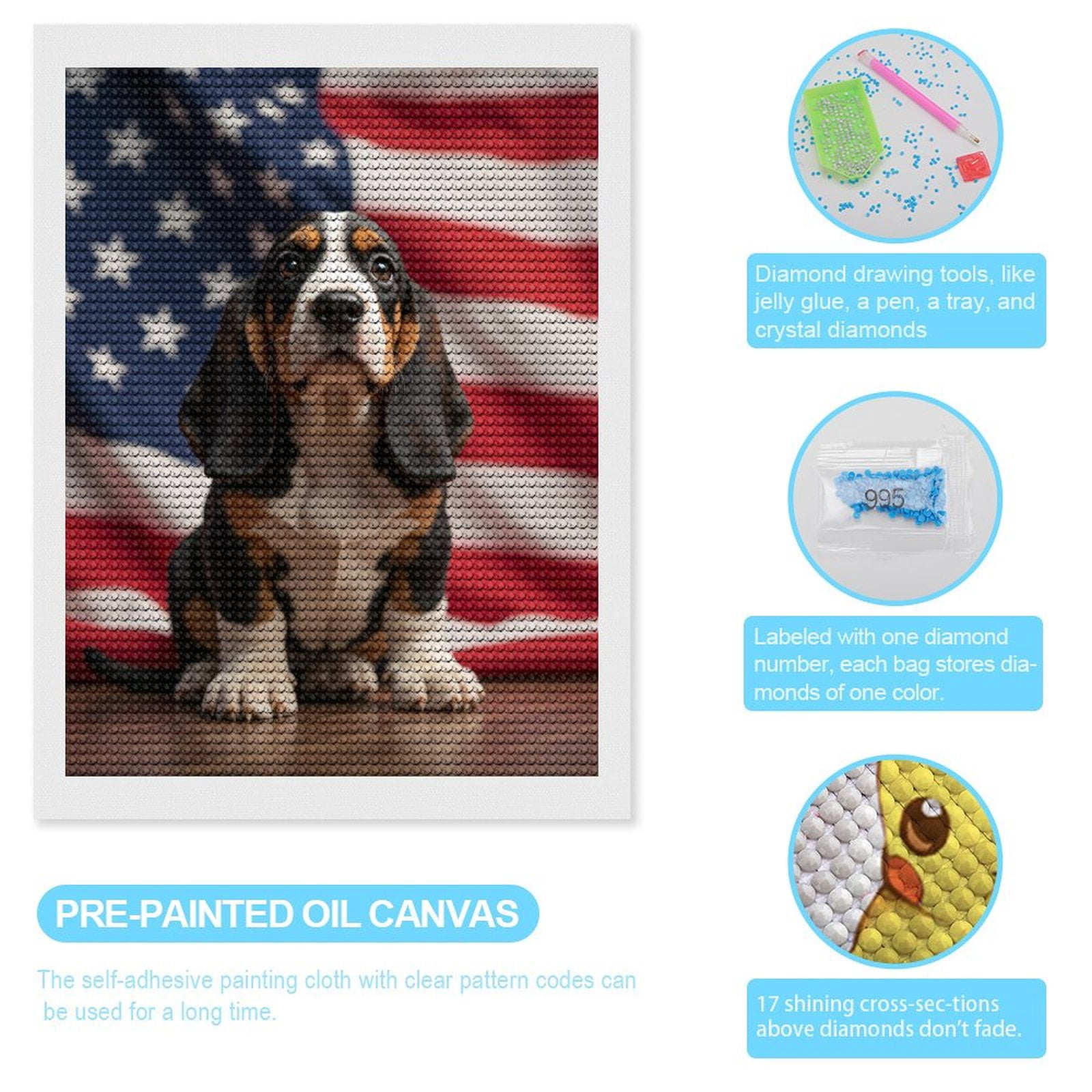 Diamond Art Kits for Adults, Dog Patriot American Flag Background 5D Diamond Painting Kits for Adults Beginners, DIY Full Drill Diamond Painting, Gem Art and Crafts 12x16