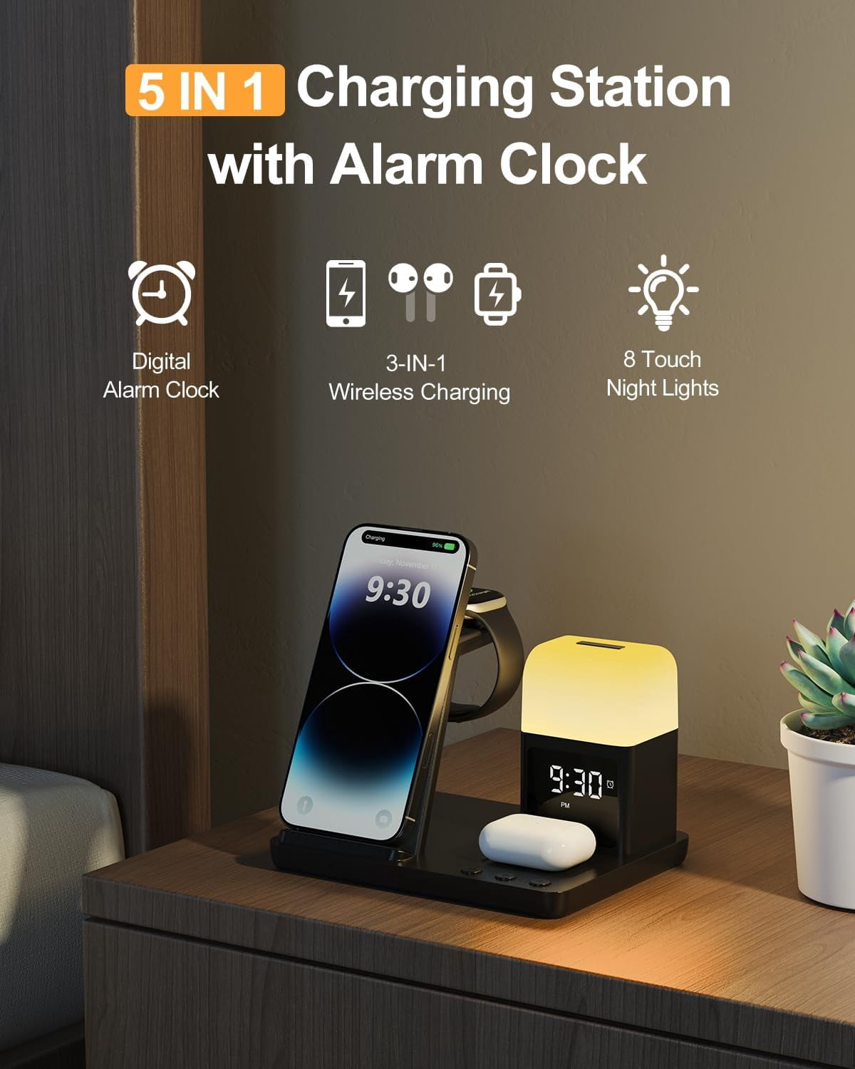 Wireless Charging Station Alarm Clock with 8 Touch Night Lights: 5 in 1 Charger Stand for Apple Devices - Charging Dock for iPhone 17 16 15 14 13 12 Pro Max Plus/Apple Watch/AirPods, Dimmable