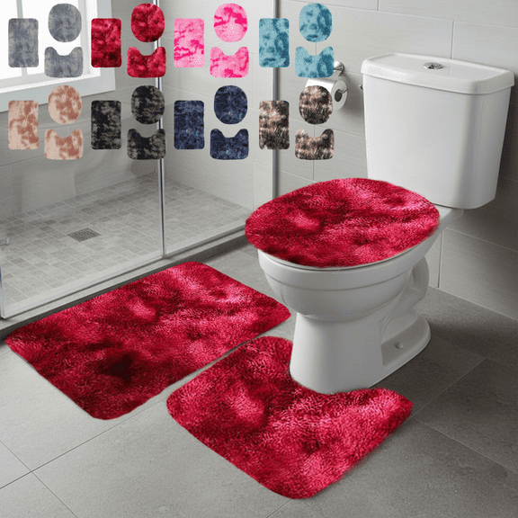 Jublupo 3Pcs Bathroom Rugs Sets Fluffy Plush Microfiber Non Slip Tie Dye U Shaped Contour Bath Mat Absorbent Washable Quick Dry Bathroom Mats