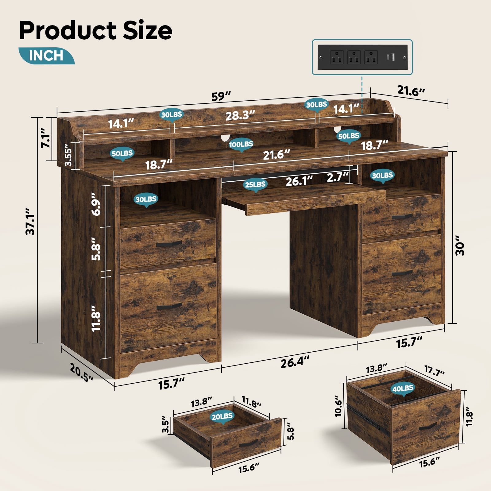 Bestier Farmhouse Executive Desk with Drawers, 59" Wood Computer Desk with Charging Station, Home Office Desk with Keyboard Tray & Monitor Stand，File Cabinet Sturdy Desk for Work Study, Rustic Brown