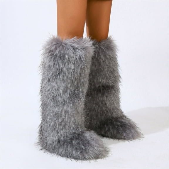 Women Winter Solid Plush Faux Fur Knee High Snow Boots Non-slip PVC Soles Warm Boots Outdoor