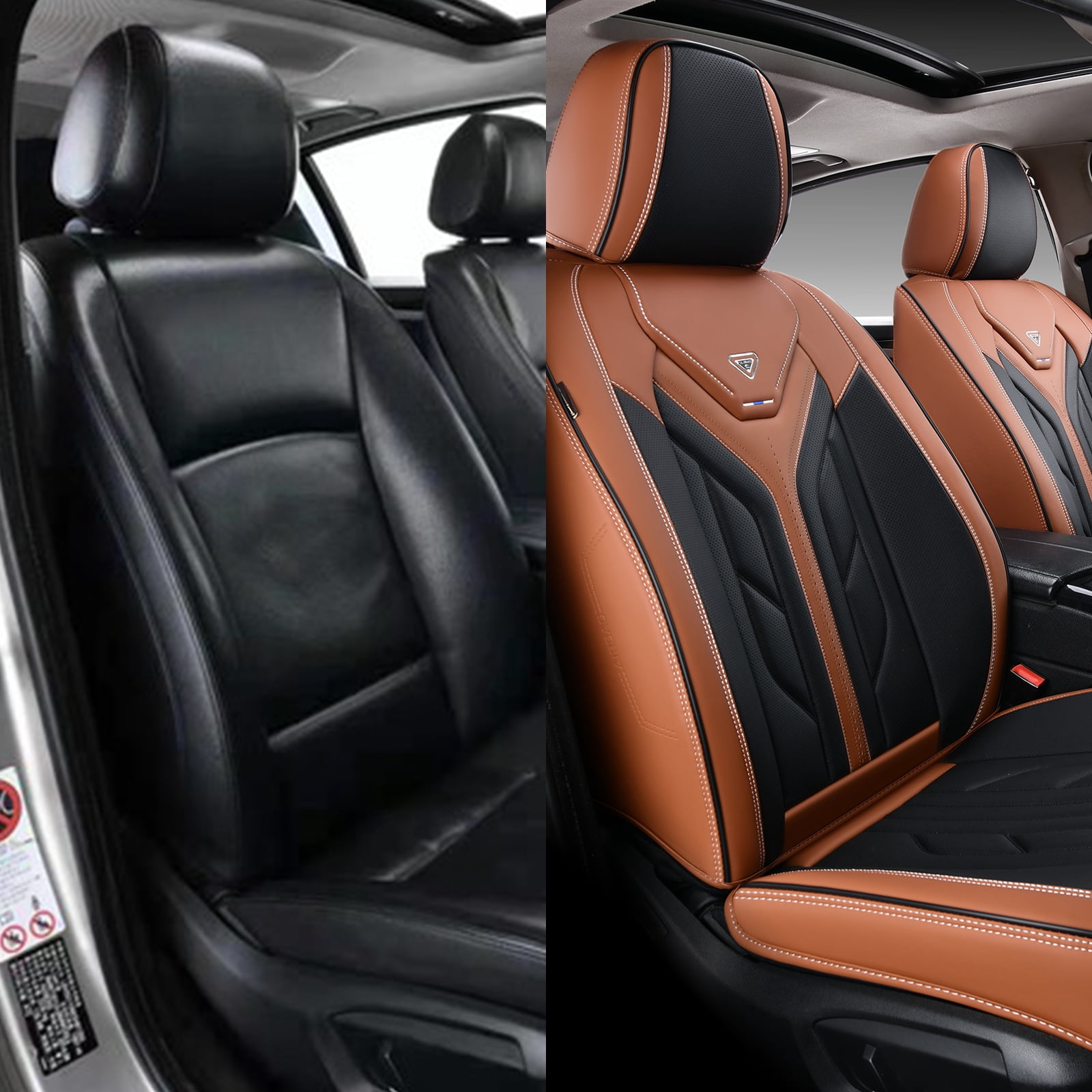 Coverado Front Car Seat Covers, Airbag Compatible Faux Leather Seat Protectors, Waterproof Cushions Universal Fit for Most Sedans SUV Pick-up, Black&Brown