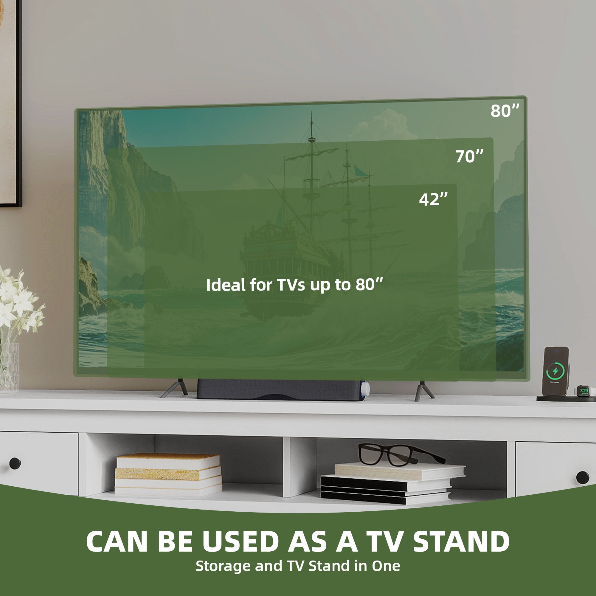 Uforic 70 Inch TV Stand for 75/80 Inch TV with 2 Drawers, 4 Open Compartments & Built-In Power Outlet, Floor Mount Wooden TV Console, White