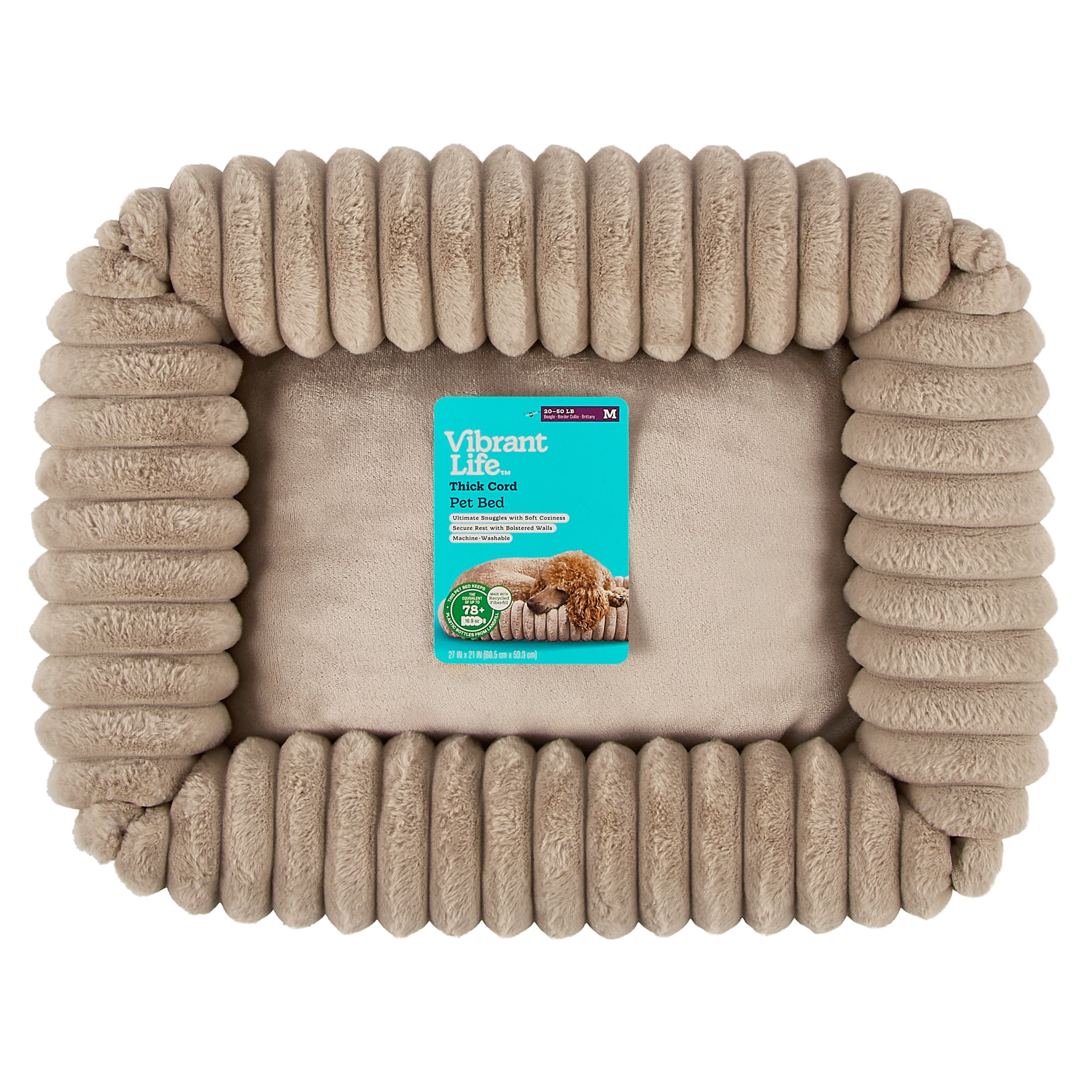 Vibrant Life Medium Ribbed Plush Cuddler Dog Bed, Tan, 27" x 21"
