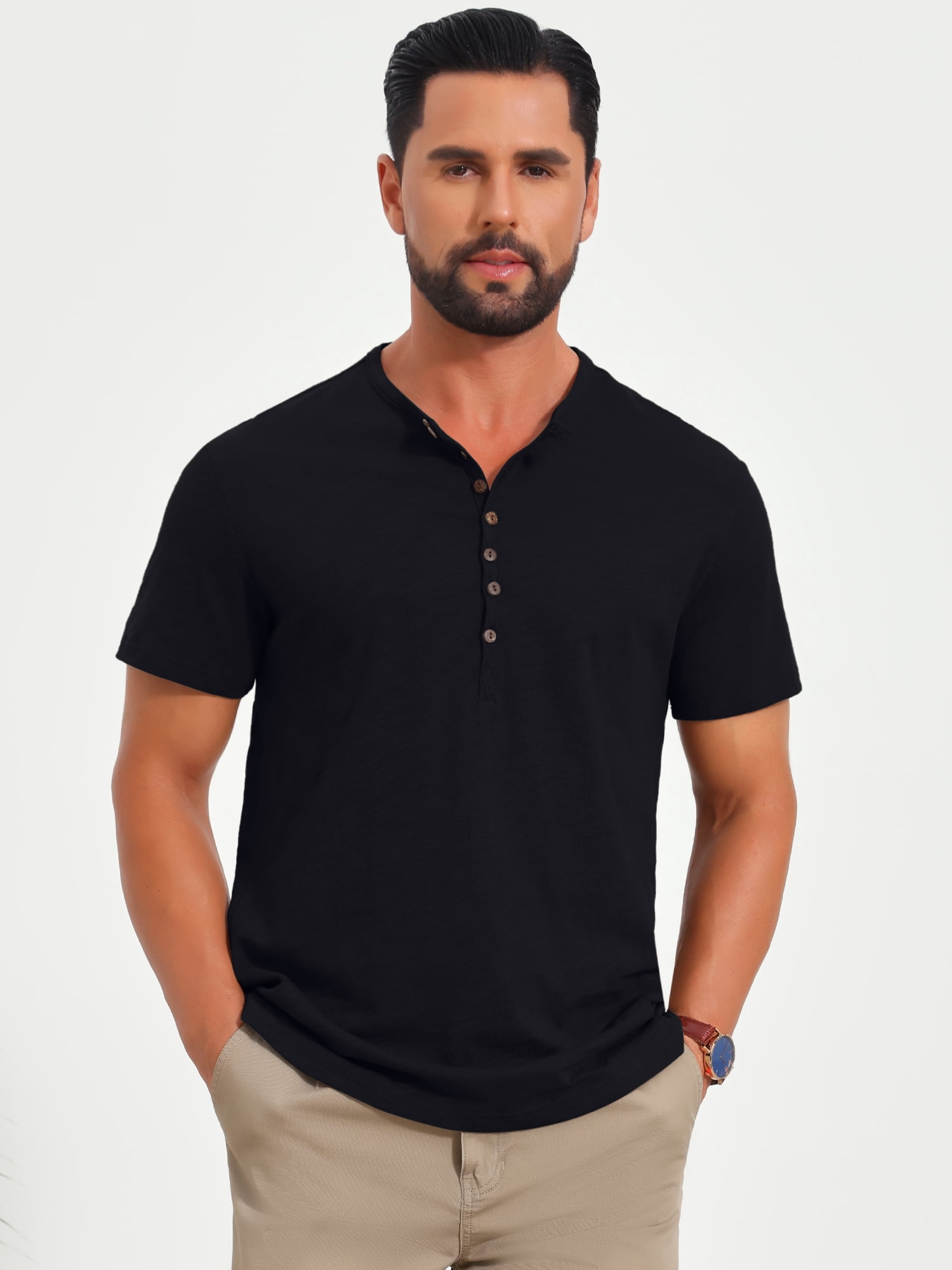 DARING DIVA Men's Retro Henley Texture Button Down Short Sleeve T-Shirt 2XL Black