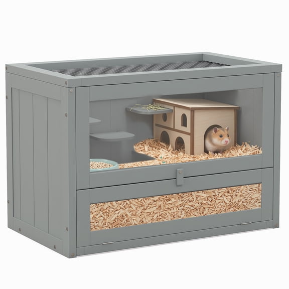 2-Level Hamster Cage with Openable Top & Ladder – Wooden Habitat for Syrian & Dwarf Hamsters, Mice, Gerbils, Gray
