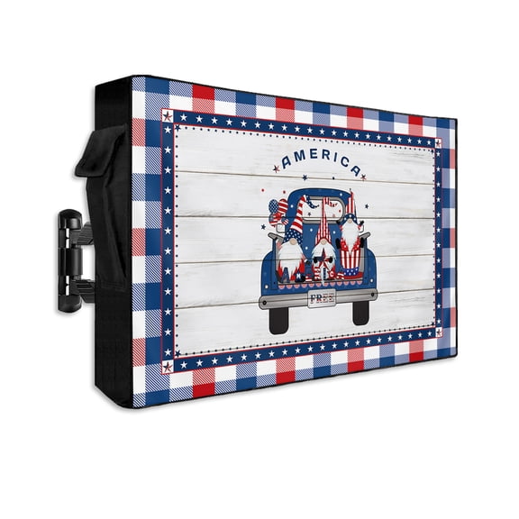 Gnomes Independence American Flag Outdoor TV Cover 30 to 32 Inch Waterproof, Wooden Stripes Buffalo Blue Red 600D Oxford TV Covers with Zipper, Outside Flat TV Screen Protector 30"Wx19"Hx4.5"D