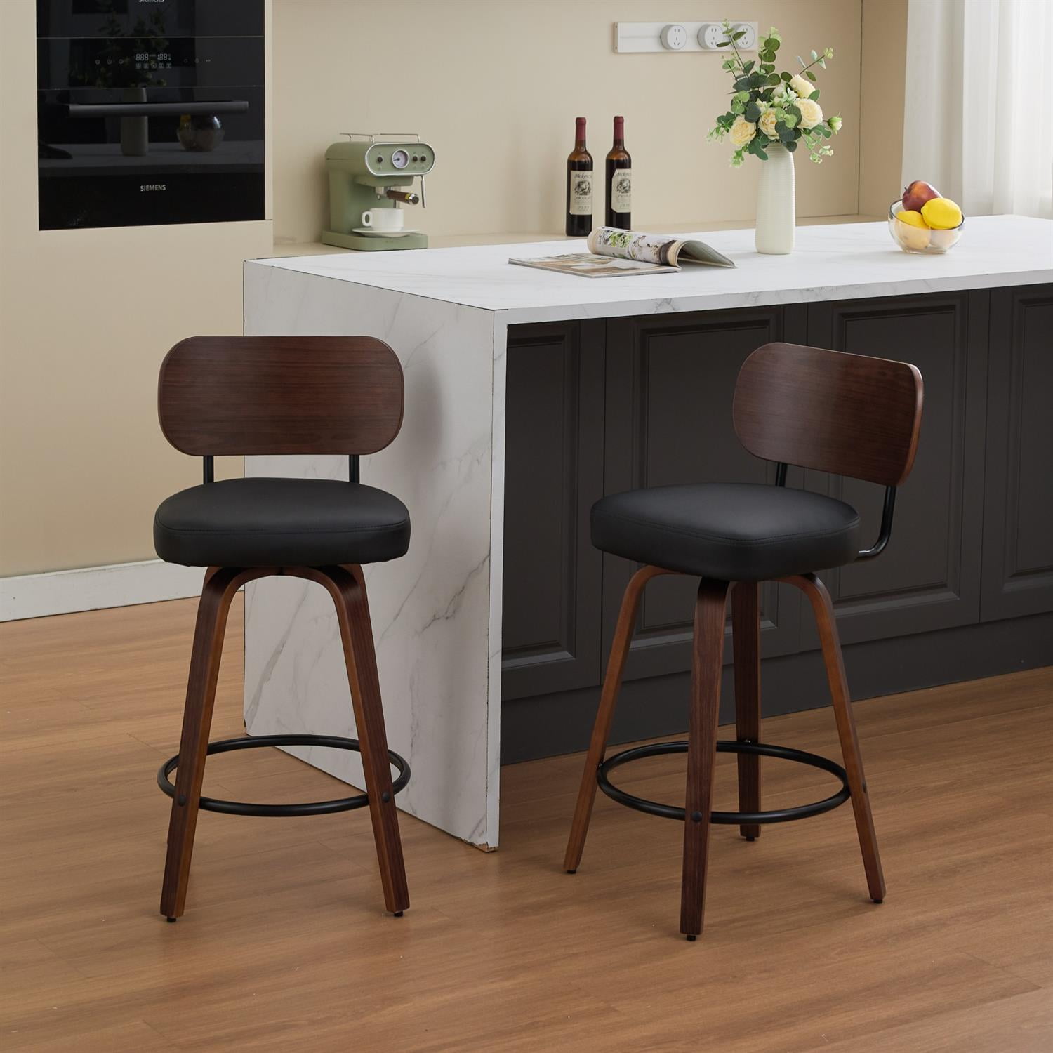 Demi Bonn 35" Swivel Bar Stools Set of 2 with Upholstered Faux Leather， Walnut Back & Bentwood Legs, Counter Height Stools for Kitchen or Bar Seating, Black