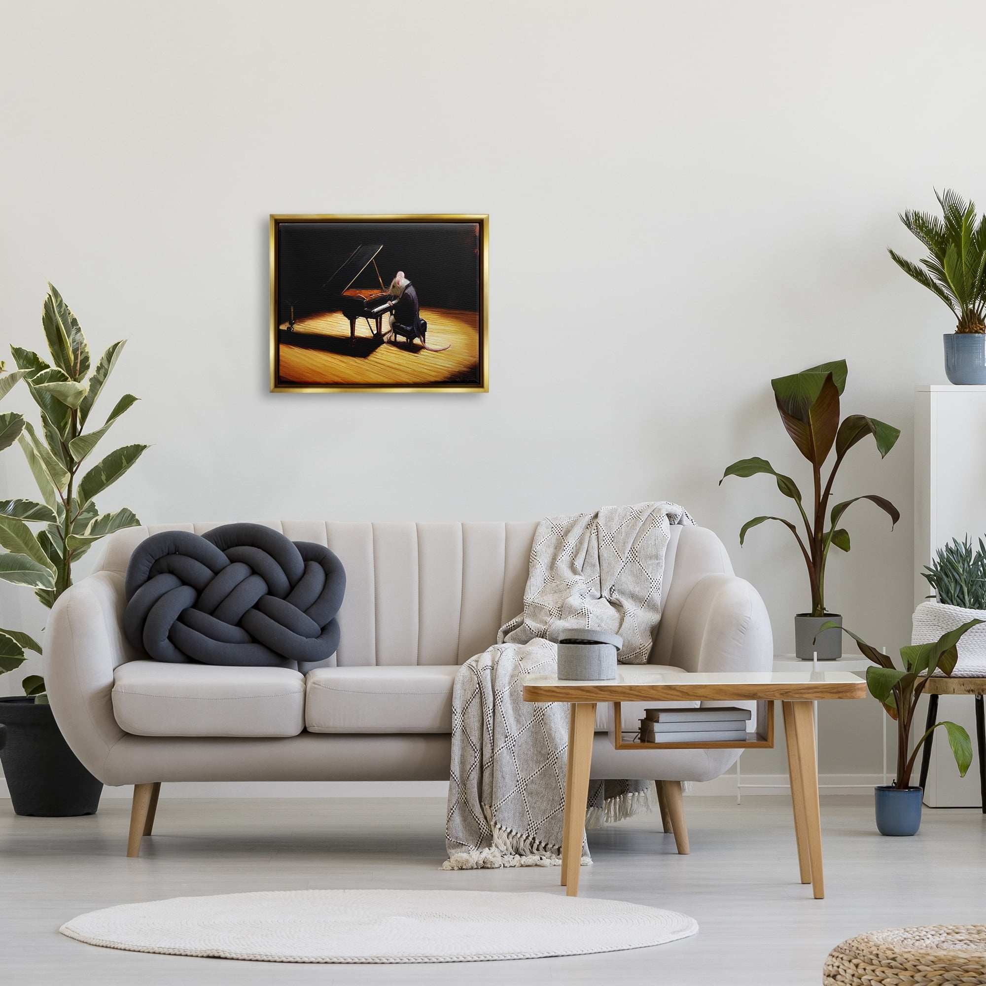 Stupell Industries Mouse Musician Playing Grand Piano Stage Spotlight Painting Metallic Gold Floating Framed Canvas Print Wall Art, Design by Lucia Heffernan
